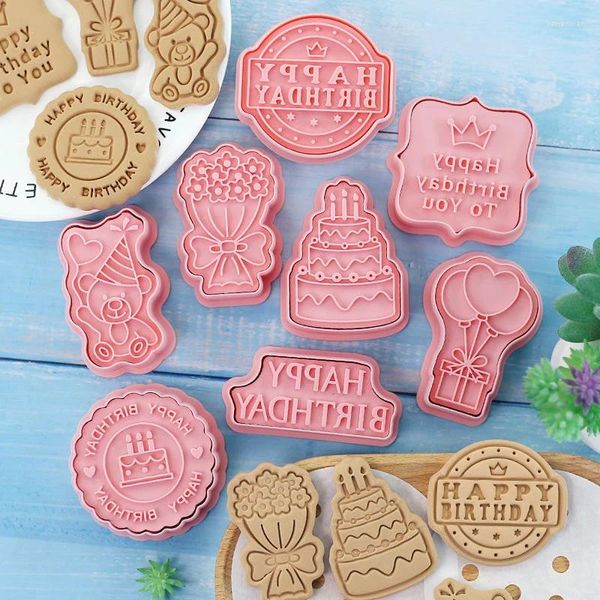 Moldes de cozimento 8 pcs cortadores de biscoitos para feliz aniversário plástico desenhos animados pressable biscoito molde confeitaria selo ferramentas de pastelaria