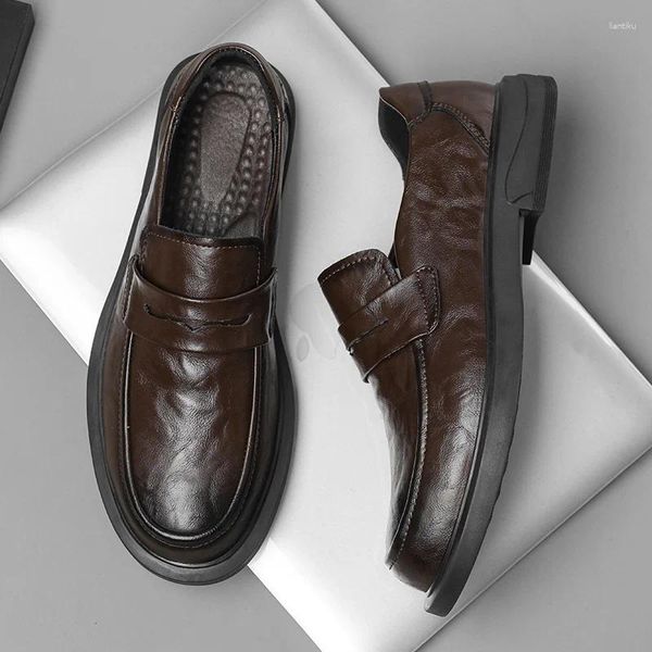 Sapatos casuais clássico marca masculina couro genuíno antiderrapante confortável mocassins escritório negócios ao ar livre