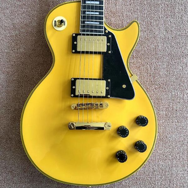 LP Guitarle elettrica personalizzata, tastiera ebano, rilegatura fritta, ponte Tune-O-matic, hardware dorato, 2 pickup, giallo