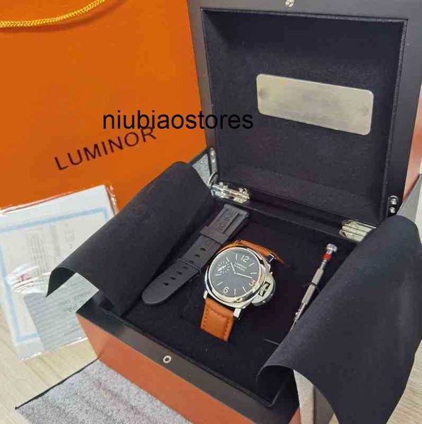 Relógio de luxo Super Factory Watch 44mm Black Face Laranja Dial Strap p Mecânico Movimento de corda manual Moda Mens Relógios withpaner Watch liu 7CB9