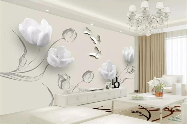 Benutzerdefinierte jede Größe 3D-Blumentapete Mode einfache Tulpe Schmetterling Wohnzimmer Schlafzimmer Küche Home Decor Tapeten Wandbild Wand Co8431087