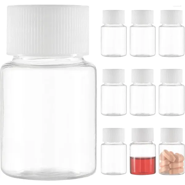 Garrafas de armazenamento 10 unidades, 15ml/20ml/30ml/50ml/100ml, selo recarregável, frascos de embalagem transparentes para animais de estimação, recipientes