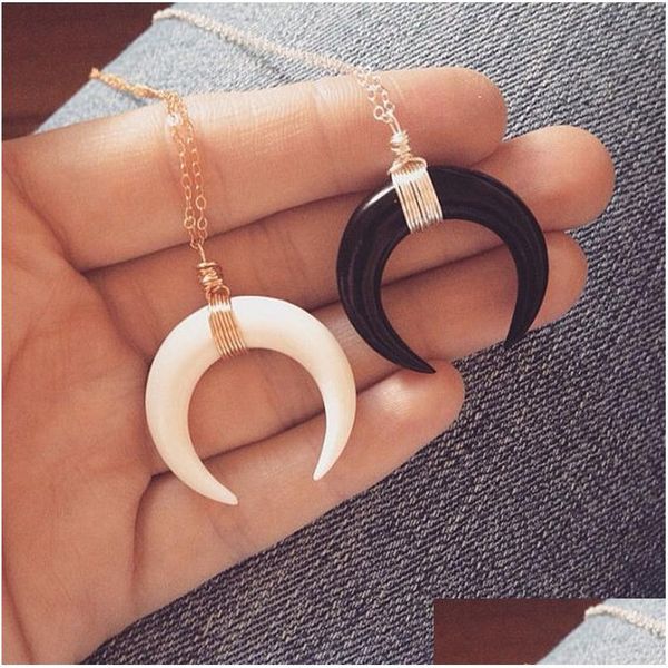 Anhänger Halsketten Neue Faux Elfenbein Knochen Doppel Horn Mond Für Frauen Halbmond Form Gold Kette Choker Mode Schmuck Geschenk Drop Lieferung P Dhbmk