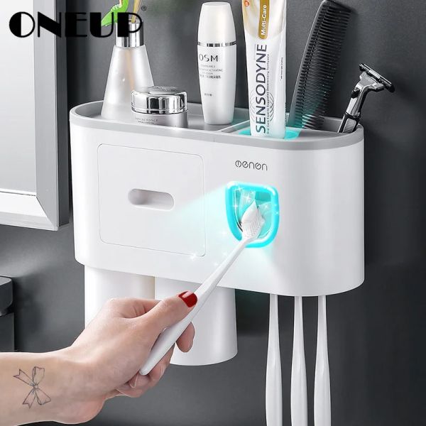 Halter ONEUP Badezimmer-Zubehör-Sets, neuer Zahnbürstenhalter, automatischer Zahnpasta-Quetscher, Wandmontage, Aufbewahrungsregal, Badezimmer-Produkt