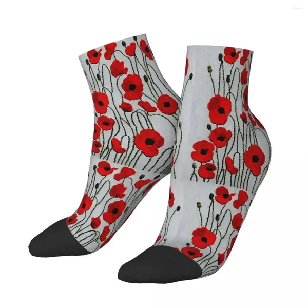 Herrensocken Rote Mohnblumen Stickerei Blumen Knöchel Männliche Herren Damen Frühlingsstrümpfe Hip Hop