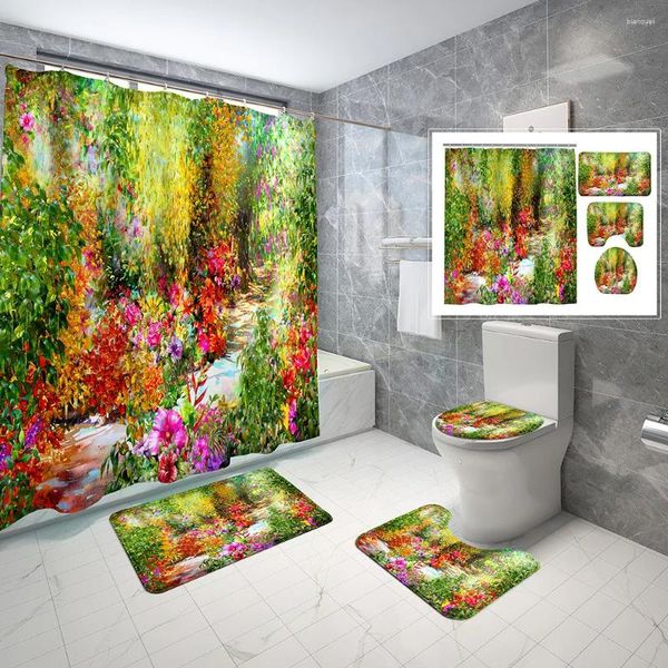 Tende da doccia Pittura a olio Fiore Tenda impermeabile Set Tappetino da bagno antiscivolo Tappetino WC Bagno Decorazione della casa