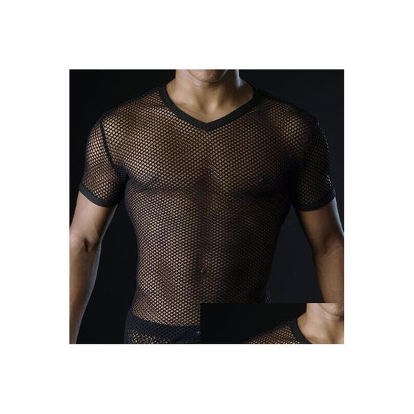 Homens camisetas Homens Camisetas Malha Transparente Ver Através Tops Tees Y Man Camiseta V Neck Singlet Gay Masculino Roupas Casuais T-shirt Clothin Dhyhb