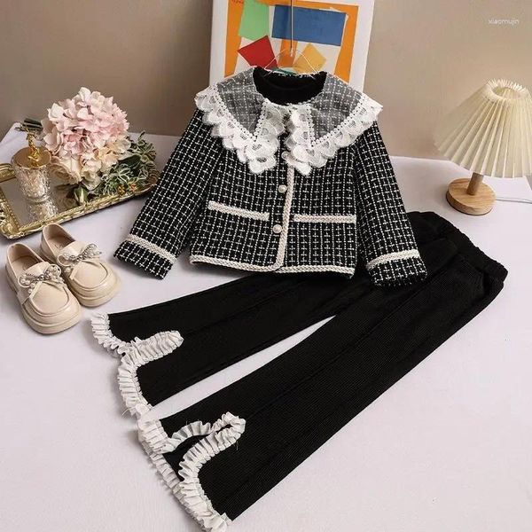 Kleidung Sets Kinder Mädchen Herbst Kinder Mädchen Schwarz Karierten Mantel Und Schlaghosen 2 stücke Kleidung Anzug Teen Vintage Outfits