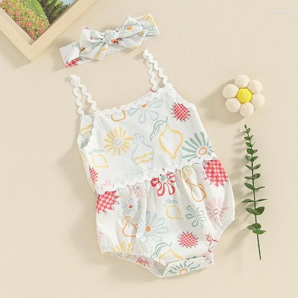 Set di abbigliamento Born Baby Girl Summer 2 pezzi vestiti pagliaccetto floreale senza maniche con fascia per capelli