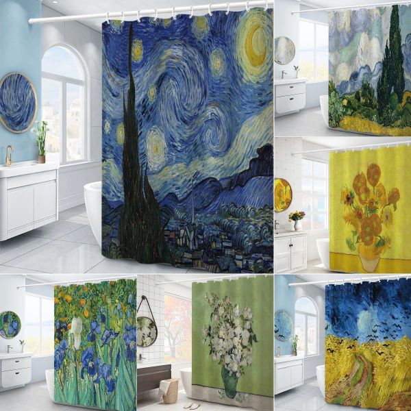 Facas van gogh noite estrelada cortina de chuveiro pintura a óleo arte abstrata céu azul nuvem branca estrela lua cenário decoração do banheiro com ganchos