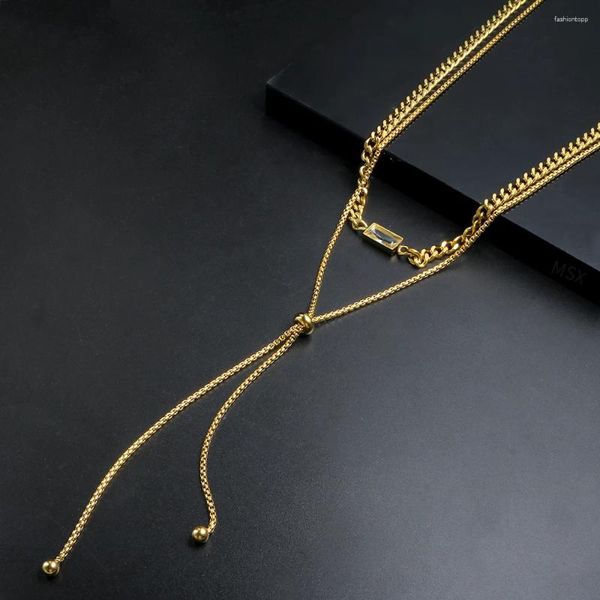 Colares pingentes colar de corrente dupla para mulheres branco cristal charme ajustável aço inoxidável ouro metal moda jóias