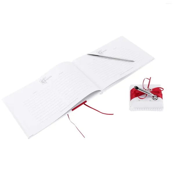 Flores decorativas livro de visitas de casamento com suporte de caneta conjuntos de arcos de cetim assinatura diamantes forma de amor para decorações de festa-vermelho branco