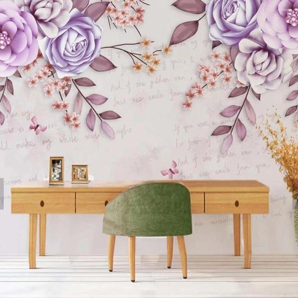 Wallpapers roxo flor árvore folha borboleta 3d po papel de parede mural para sala de estar sofá tv backplash pintado à mão rolos de papel