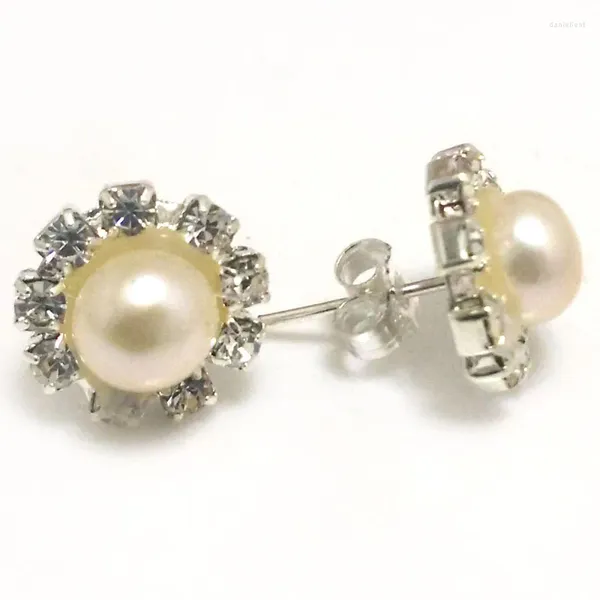Creolen, 8–9 mm, natürlicher weißer Knopf, Perlen-Zirkonia-Ohrstecker, 925er-Sterlingsilber-Ohrring