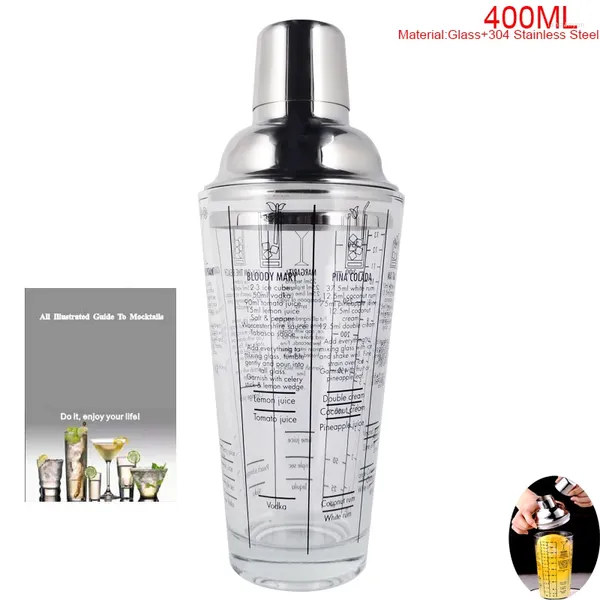 Produtos de bar 400ml/14oz martini coqueteleira escala vidro vinho misturador de bebidas garrafa suco de frutas neve copo duplo ferramenta bartender