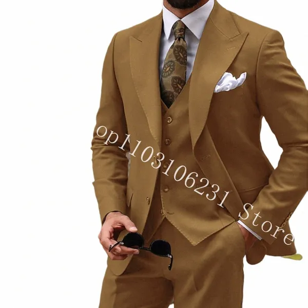 Ternos masculinos de casamento cáqui, slim fit, 3 peças, smoking para festa de baile formal, jaqueta, calças, colete, traje homme 41db #