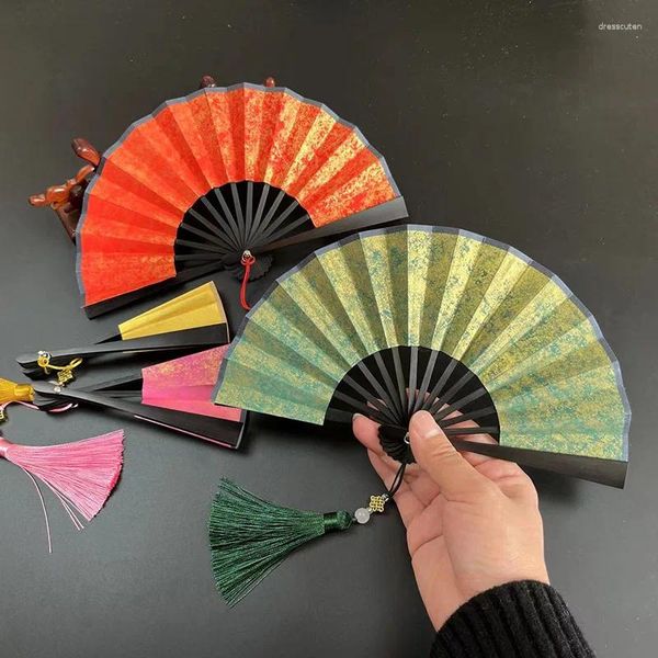 Estatuetas decorativas 4 polegadas retrô mini ventilador dobrável colorido papel de arroz mão crianças hanfu dança suprimentos de festa decoração de casa vintage