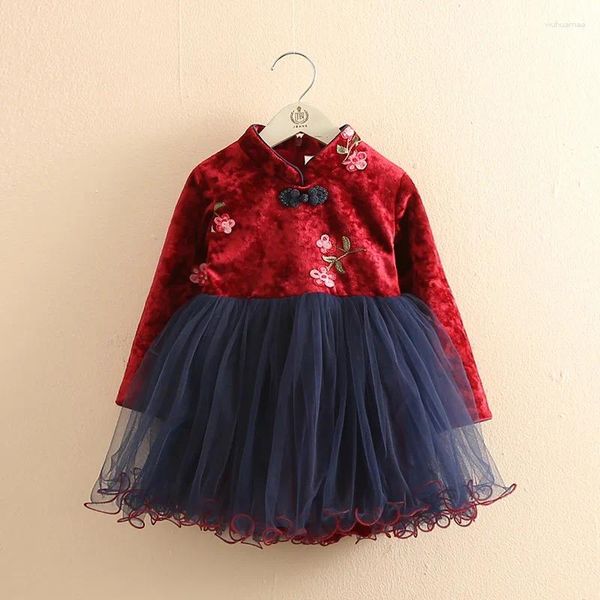 Платья для девочек 2024, зима 2, 3, 4, 6, 8, 10, 12 лет, кружевное красное традиционное китайское платье Тан, детское бархатное платье Cheongsam для малышей