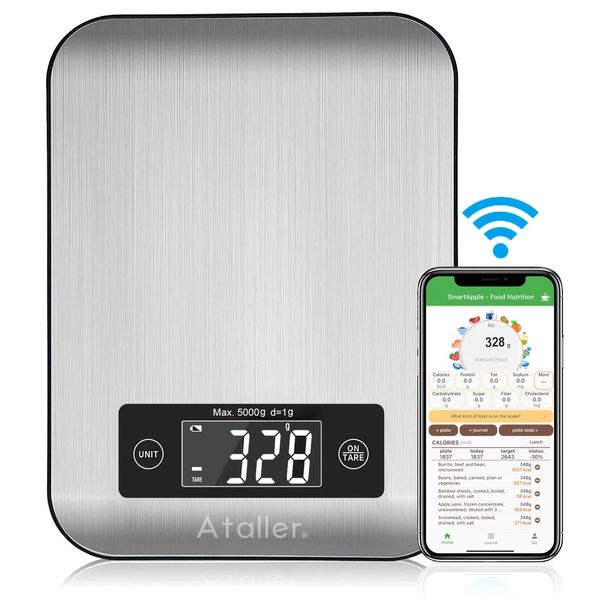 Ataller Smart Kitchen Bilancia per alimenti Elettronica Bluetooth APP Bilancia digitale del peso con analisi nutrizionale 5 kg in acciaio inossidabile 240318