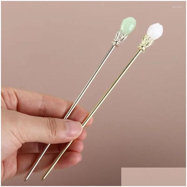 Haarspangen Haarspangen Elegantes Mädchen Geschenk Vintage Legierung Hanfu Ornament Nachahmung Jade Haarnadel Chinesischer Stil Verschluss Frauen Stick Gabel Drop D Otukq