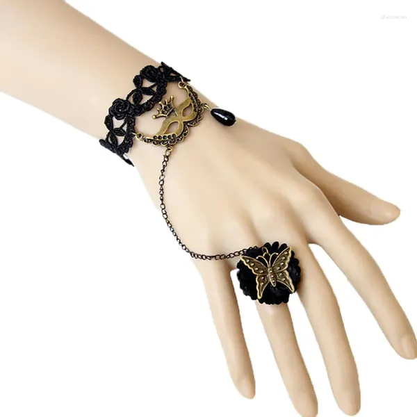 Halskette Ohrringe Set Handgemacht Sexy Damen Venedig Maske Tropfen Perle Schmetterling Schwarz Floral Spitze Verstellbarer Ring Armband Armband Lolita