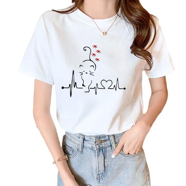 T-shirt da donna taglie forti Design alla moda Manica corta grande Estate Donna Fiori e piante Modello Cartoon Heart Top Personalizzato C Otckt