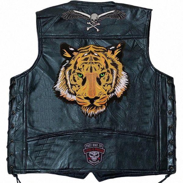 Lokomotive Leder Weste Tiger Gestickte Patches Sleevel Moto Biker Jacke Casual Streetwear Lokomotive Club Punk Veste I5E7 #