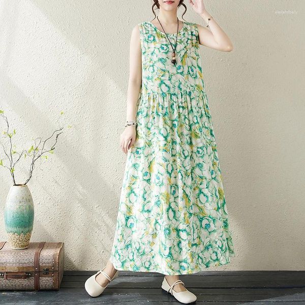 Vestidos casuais desenhar corda cintura fina impressão floral vintage verão tanque vestido para mulheres férias ao ar livre estilo praia longo