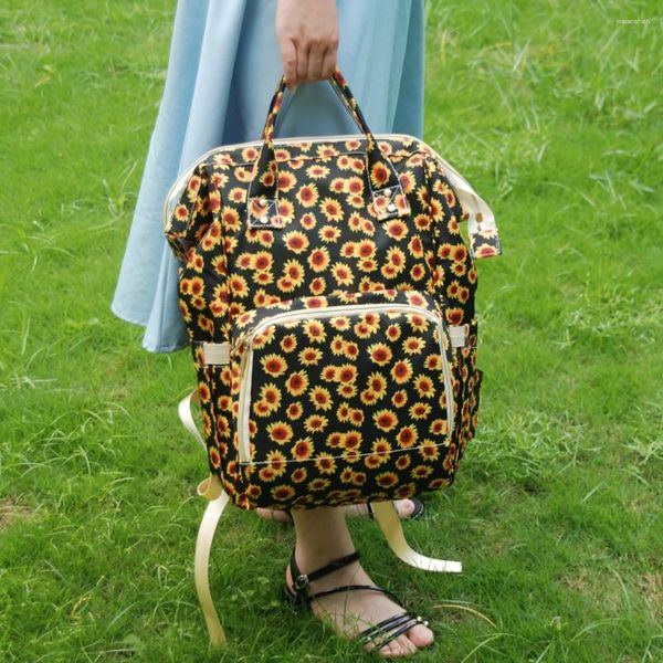 Okul çantaları açık anne ayçiçeği serap bebek bezi sırt çantası fonksiyonel bebek değiştirme çanta tuval bakım paketi mumya için