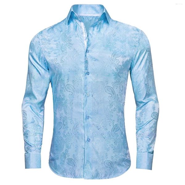 Camisas de vestido masculino luz azul seda mens rosa verde branco preto primavera outono manga longa camisa de lapela casamento presentes de negócios hi-tie