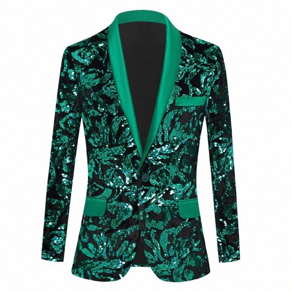 Mens Brilhante Verde Lantejoulas Blazer 2022 Stylsih Xaile Collar One Butt Smoking Floral Terno Jaqueta Festa Casamento Noivo Traje Homme C9MH #