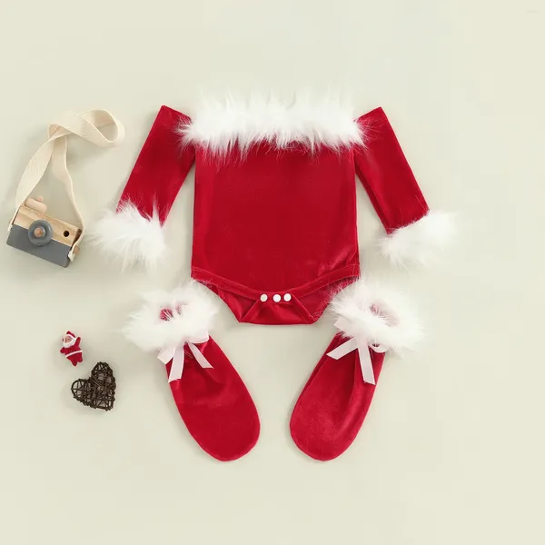 Комплекты одежды, рождественские наряды для маленьких девочек, бархатный однотонный комбинезон с открытыми плечами и длинными рукавами, комплект из 2 предметов для младенцев От 0 до 24 месяцев