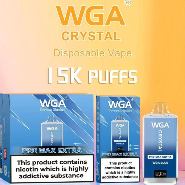 Original WGA Crystal Pro Max Extra 15000 Puff Cigarro Eletrônico Descartável 12k 15k 18k 2% Nicotina Vape Pen Com Tela Display Digital