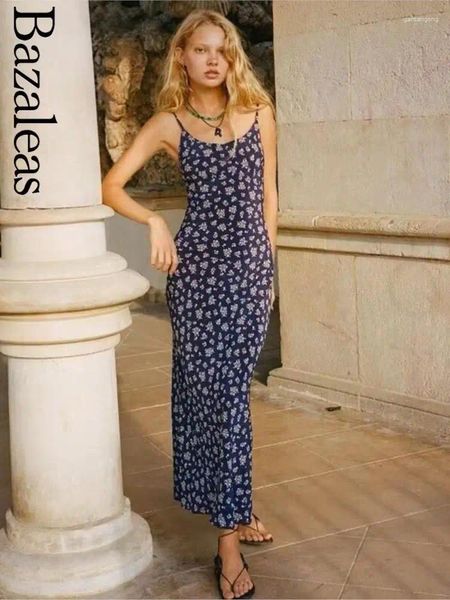 Abiti casual Bazaleas sexy per le donne eleganti senza spalline abito estivo da donna navy stampa floreale abbigliamento dal carro armato 2024