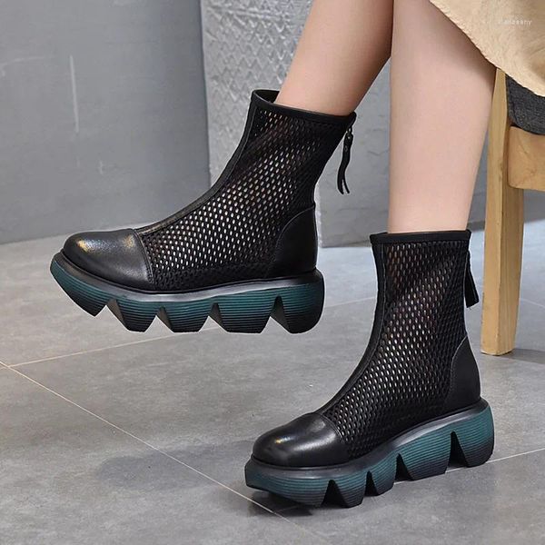 Botas 2024 primavera e verão sandálias de couro genuíno sapatos femininos plataforma traseira zíper malha de salto curto