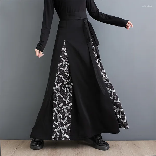 Saias 2024 chegada estilo chinês retalhos cintura alta bandagem de uma peça tipo primavera preto moda mulheres outono saia casual