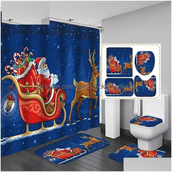 Chuveiro cortinas Feliz Natal Quartos Cortina Conjunto com WC Er Tapete Anti-Slip Tapete Papai Noel Recinto Dos Desenhos Animados Drop Delivery Dhbim