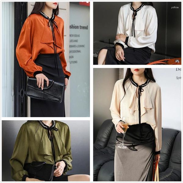 Blusas femininas camisas de cetim e escritório senhora workwear manga longa topos roupas coreanas vendas sl011