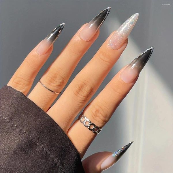 Unhas Falsas 24 Long Pointy Nail Gradual Glitter Wear Art Fake Patch Press On