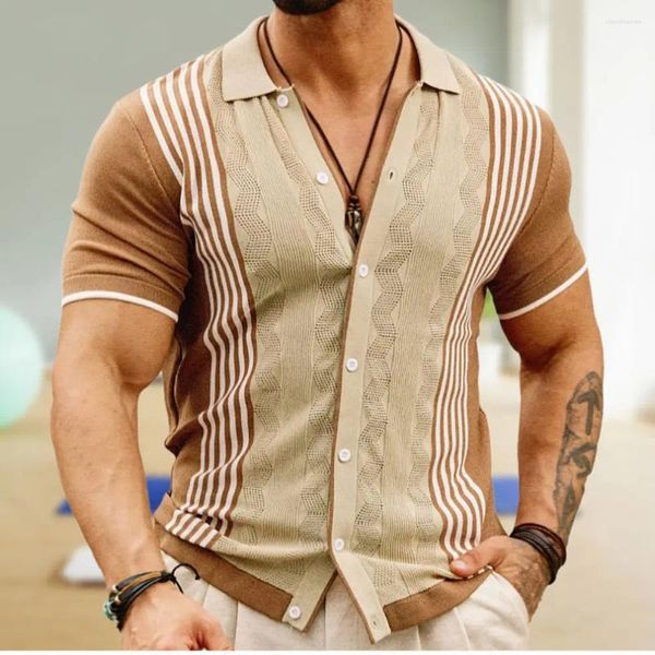 Polos masculinos vintage listra malha polo camisas de manga curta elegante botão para baixo cardigan camisola verão casual roupa confortável t