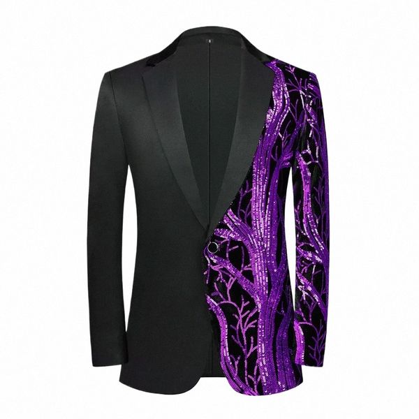 Mens Smoking Dr Blazers Roxo Brilhante Lantejoulas Floral Terno Jaqueta Homens Blazer Partido Jantar Prom Palco Cantor Roupas Traje 3XL I49t #