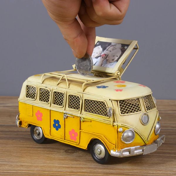 Kisten kreative Bus Piggy Bank Foto Rahmen Zinn handgefertigt bemalte Auto Ornamente Bus Car Model Kinder Geschenkdekoration Ornamente