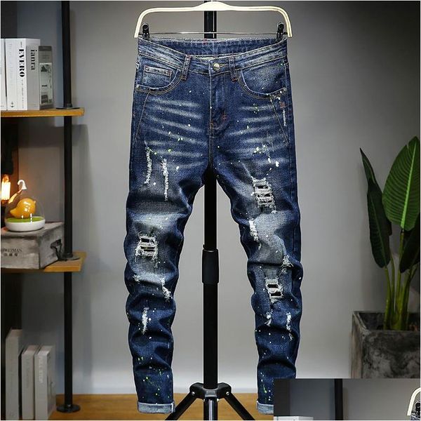 Jeans da uomo Moda Casual Uomo Dritto Stretch Dot Craft Piccoli piedi Skinny Jens Uomo Graffiato Blue Hole Denim Tide Drop Consegna A Dh3Dy