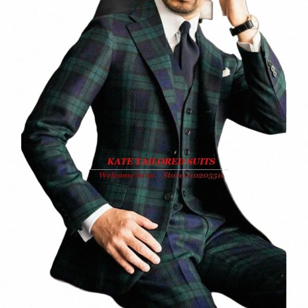 Inghilterra Busin Abiti per uomo Slim Fit Plaid verde a quadri 3 pezzi Set Giacca Gilet Pantaloni Sposo Usura Banchetto Party Tuxedo Tailore u4tx #