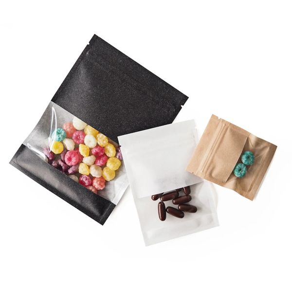 100 pçs/lote pequeno marrom/branco saco ziplock de papel kraft com janela comida brinco jóias embalagens bolsas 240322