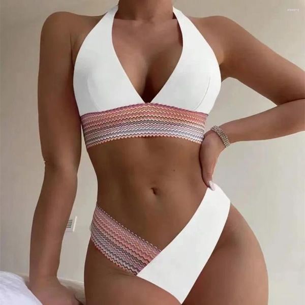 Mulheres Swimwear Sexy Halter Biquinis 2024 Mulheres Patchwork Bikini Set Feminino Profundo V Neck Swimsuit Backless Triângulo Praia Banheira Terno