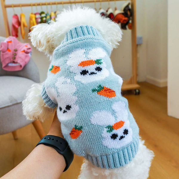 Bonito suéter azul dos desenhos animados coelho gráfico roupas para cães outono inverno quente roupas para animais de estimação para pequenos cães médios e gatos vestuário