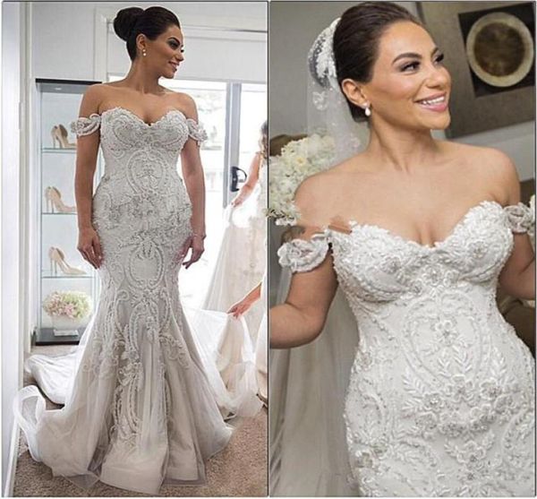 2020 Steven Khalil Detalhe surpreendente Praia Sereia Vestidos de casamento Dubai Árabe Offshoulder Querida Backless vestido de casamento barato P4215153