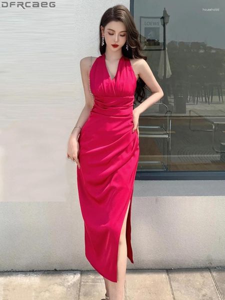 Abiti casual moda stile coreano da sera lungo Ror donna raso sexy aderente halter abito senza schienale partito senza spalline bianco rosso abiti