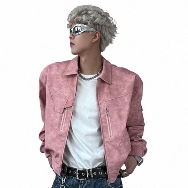 Mens Cropped PU Jaqueta De Couro Fi Turn-down Collar Gradiente Cor Retro Casaco Zipper Motocicleta Outwear Primavera Rosa J39r #